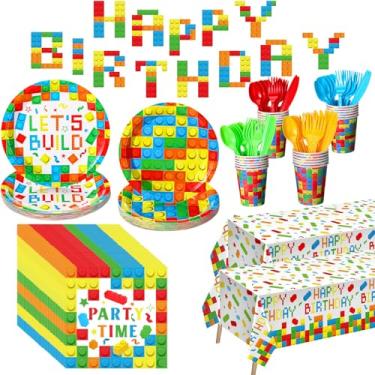 Imagem de Gejoy 171 peças de blocos de montar suprimentos de festa de aniversário kit inclui pratos, copos, facas, garfos, colheres, guardanapos toalhas de mesa e faixa para meninas, decorações de festa de