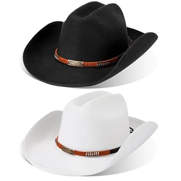 Imagem de 2 peças chapéu de cowboy para homens mulheres estilo ocidental feltro cowboy chapéus de casamento chapéu vaqueira fivela cinto fantasia festa Halloween (preto, branco), Preto, branco., Tamanho �nica