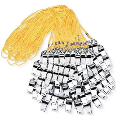 Imagem de 100 peças apito esportivo de aço inoxidável com cordão apito de emergência som alto para professores, polícias, esportes ao ar livre, escola, futebol (amarelo)