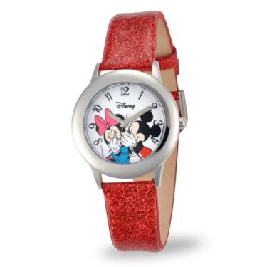 Imagem de Disney Relógio infantil de aço inoxidável W000853 Tween Mickey e Minnie Mouse com pulseira de glitter vermelho, Vermelho