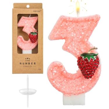 Imagem de PHD CAKE Número 3 velas de aniversário de morango, velas com números temáticos de morango, velas com número de bolo, celebração de festa