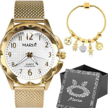 Imagem de Relogio Feminino Dourado Aço Prova Dagua + Pulseira + Caixa - Orizom