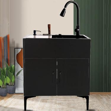 Imagem de Pia de lavanderia com armário, pia de utilidade de aço inoxidável independente com torneira de tração, estação de pia externa para lavar de roupa de lavar de banheiro estação de lavagem de m