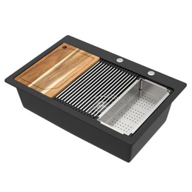 Imagem de Talllor Pia de cozinha composta de granito 83 polegadas preto fosco Drop In Workstation Sink Topmount tigela única de quartzo grande pia de cozinha profunda, 84 cm x 56 cm x 24,5 cm #TLGT-107