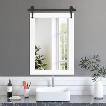 Imagem de Espelho de banheiro de fazenda para pia 56 x 81 cm moldura de madeira rústica porta de celeiro espelho de banheiro para banheiro, sala de estar, quarto, entrada (branco brilhante)