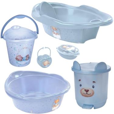 Imagem de KIT BANHEIRA DE BEBÊ DECORADA PLASUTIL BACIA LIXEIRA BALDE SABONETEIRA PORTA CHUPETA (Urso Azul)