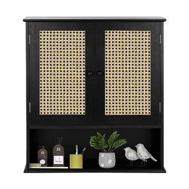 Imagem de ZYBT Armário de remédios de banheiro montado na parede, armário de toalha de armazenamento de vime preto para banheiro sobre o vaso sanitário, armário suspenso flutuante para pequenos espaços, cozinha