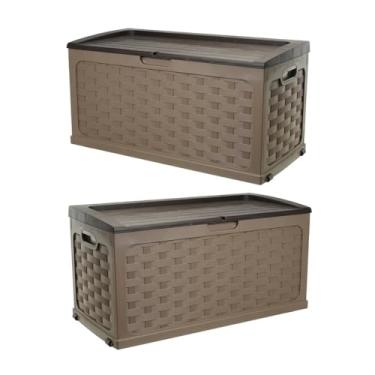 Imagem de KIT 2 CAIXAS GRANDE ORGANIZADORAS BAU MULTIUSO E BANCO PLÁSTICO 2 PESSOAS RATTAN 335 LITROS STARPLAST (Marrom)