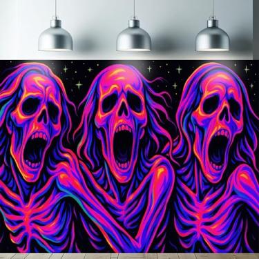 Imagem de Starlit Patio Tapeçaria de esqueleto gritando luz negra UV reativo terror trippy pendurado na parede neon gótico brilhante decoração de quarto para quarto sala de estar Halloween pôster fluorescente