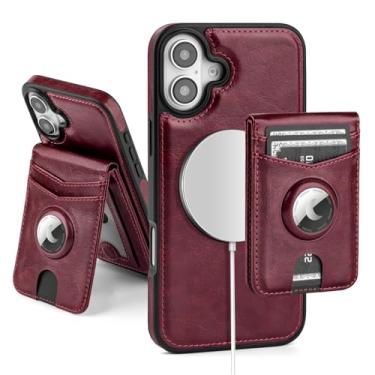 Imagem de SkyEagle Capa carteira compatível com MagSafe para iPhone 16 com suporte para AirTag, 2 em 1, couro sintético, magnético, destacável, com bloqueio de RFID, suporte para cartão de crédito, capa flip