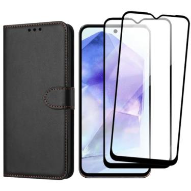 Imagem de Capa Carteira Flip Case para Samsung Galaxy A55,com 2 Películas de Vidro Temperado 3D, Preta