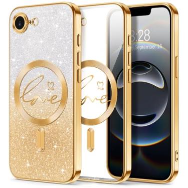 Imagem de Hython Capa para iPhone 16e com glitter, compatível com MagSafe Love Heart Magnetic Clear Phone Cases para mulheres e meninas, proteção total da câmera, revestimento brilhante à prova de choque