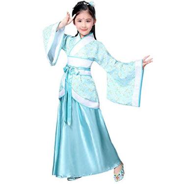 Imagem de Lazutom Vestido chinês antigo Hanfu tradicional para meninas vestido chique vestido de festa de Natal (140: altura recomendada: 135-140 cm, azul)