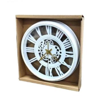 Imagem de Relogio De Parede Industrial Rustico Estilo Madeira Design Vintage Romanos 30cm Decorativo Branco