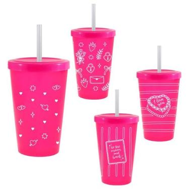 Imagem de Kit 4 Copos Tampa Canudo 300mL Rosa Neon Colecao AMOR Completa - Bb St