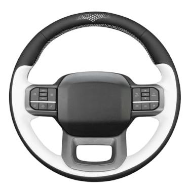 Imagem de MEWANT Capa de volante de couro branco costurado à mão para Ford F-150 2021-2023 / F-150 Lightning 2022-2023 Acessórios de volante para Ford