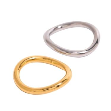 Imagem de BlingNook Anel de ouro grosso para homem wemen, 2 peças de aço inoxidável dois tons de ouro prata anéis redondos uso diário oval empilhável joia elegante compromisso de noivado para casais presente