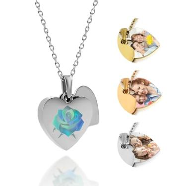 Imagem de Colar de imagem personalizada com texto de foto oculto no interior - pingente de nome de retrato personalizado gravado rosa que muda de cor - presentes de dia das mães para mãe, esposa, dia dos