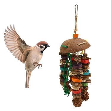 Imagem de Brinquedos para papagaios de pássaros, brinquedo para mastigar pássaros com casca de coco e blocos de madeira coloridos para periquitos cinza africanos, calopsitas grandes e médias