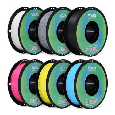 Imagem de YOUSU Filamento PLA fosco 1,75 mm, pacote de 1 kg x 6/6 kg, precisão dimensional +/- 0,02 mm, 6 cores, carretel de plástico para a maioria das impressoras 3D FDM (preto, branco, cinza claro, ciano
