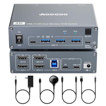 Imagem de Interruptor USB C KVM 4K a 60Hz, monitor duplo USB C HDMI KVM Switch para 1 PC e 1 laptop compartilhando 2 monitores e 4 dispositivos USB 3.0, alimentação PD para laptop com controle remoto com fio e
