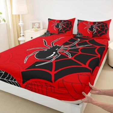 Imagem de Jogo de cama Queen de aranha preta, teia de aranha, inseto aracnídeo, animais, decoração de quarto de meninos, meninas, mulher, homem, feliz dia das bruxas, vermelho, preto, 2 fronhas (sem plano)