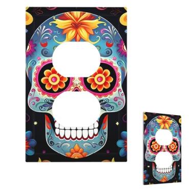 Imagem de Placa de parede decorativa para tomada 1 gangue placa de parede dupla placa de parede com caveiras de açúcar capa de interruptor de luz decorativa placa de parede 12,7 cm x 7,6 cm termoplástico
