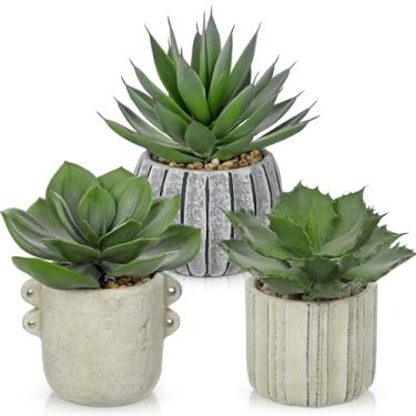 Imagem de Briful Pacote com 3 plantas suculentas artificiais em vasos de cimento vintage – decoração de suculentas de Aloe artificial com folhas realistas e base de seixos – Conjunto de mini plantas rústicas