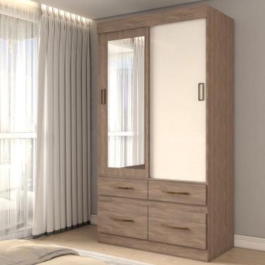 Imagem de Guarda-Roupa Solteiro Trento 2 Portas 4 Gavetas com Espelho Flex Off White/Jequitibá - Panorama Móveis