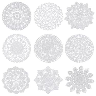 Imagem de Jogo americano de renda, 9 peças, de 15 cm, branco, vintage, crochê, para mesas, cozinha, sala de jantar, festa, casamento, aniversário, vaso