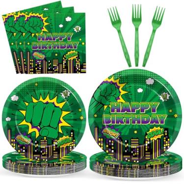 Imagem de 96 peças de pratos e guardanapos de papel de herói verde super tema suprimentos de festa de aniversário conjunto de louça descartável herói verde para crianças desenho animado cidade cidade mesa de