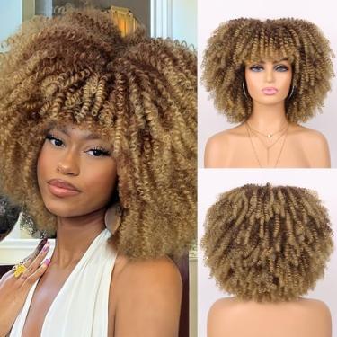 Imagem de Marshey Peruca cacheada afro com franja cacheada para mulheres negras, peruca encaracolada com bomba afro de alta densidade, cabelo sintético fofo, sem cola, cabelo encaracolado crespo para uso diário