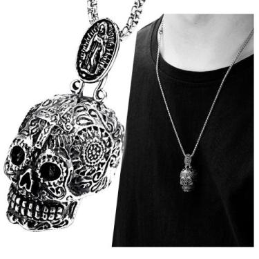 Imagem de Pingente Caveira Mexicana Tribal Dark Skull + Colar 60cm Aço Cirúrgico