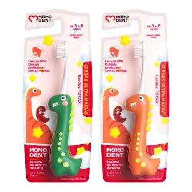 Imagem de MOMODENT Escova de Dente Infantil Dinossauro - Cerdas Super Macias, Cabo Ergonômico, Para Crianças de 3 a 8 Anos, Compacta e Portátil (Laranja+Verde(2 unidades))