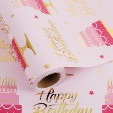 Imagem de Aimyoo Rolo de papel de embrulho rosa de aniversário - 43 cm x 80 metros - Bolo de celebração de folha dourada, embalagem de presente com design de letras de feliz aniversário para crianças, chás de