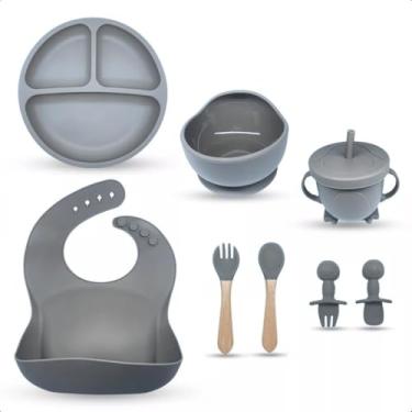 Imagem de Kit Introdução Alimentar Bebe 8 Peças Silicone Iniciação infantil Para Alimentos Livre de BPA Atóxico Seguro Sem Pontas Colher, garfo, copinho, pote e pratinho apartir 6 meses. (Cinza)