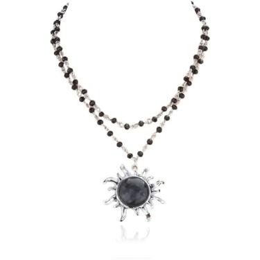 Imagem de Vanesseva Colar feminino com pingente de girassol com contas de dupla camada – joia de cristal celestial boho, colar de sol de pedra colorida, estilo hippie gótico bruxo, opala e pedra da lua, Zinco