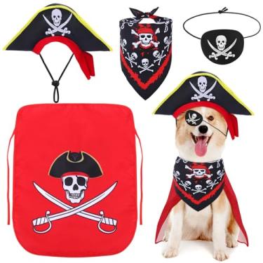 Imagem de Huhumy Conjunto de 4 peças de fantasia de pirata de cachorro chapéu de pirata de animal de estimação caveira triângulo bandana filhote de cachorro capa e máscara de olho para roupas de Halloween