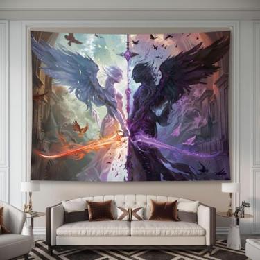 Imagem de Liuzhouzai Angels VS Demons Tapeçaria para pendurar na parede gótica mítica fundo personalizado sala de estar e quarto decoração de parede 48 x 36 polegadas