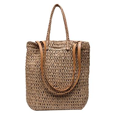 Imagem de Bolsa de ombro QTKJ Fashion feita à mão com alça de couro Boho de palha grande e macia, bolsa de mão retrô de verão para viagem na praia (Bege)