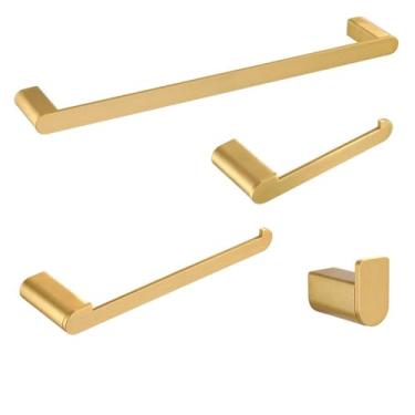 Imagem de Conjuntos de acessórios para banheiro em ouro escovado, barra de toalha montada na parede, ganchos para roupão, suporte para rolo de papel higiênico, ferragens de aço inoxidável, conjunto de 4 peças