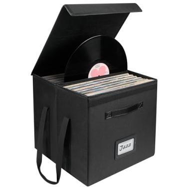 Imagem de Uniclife Caixa de armazenamento de discos de vinil, organizador dobrável de LP com tampa e alças, caixa de armazenamento de álbum resistente a respingos para 120 discos individuais (30 cm), suporte de