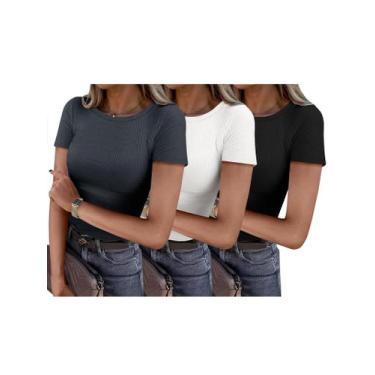Imagem de Camiseta feminina ANRABESS 2025, manga curta, canelada, modelagem just