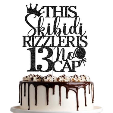 Imagem de Este Skibidi Rizzler é topo de bolo 13 sem tampa, topo de bolo feliz 13º aniversário, Hello 13, suprimentos de decoração de festa de 13 anos, glitter preto