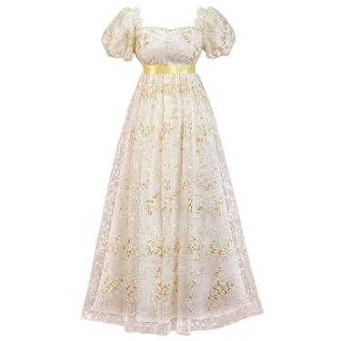 Imagem de Mikan Tsumiki Vestidos Regency para mulheres anos 1800 elegante bordado cintura império, Dourado, XXG