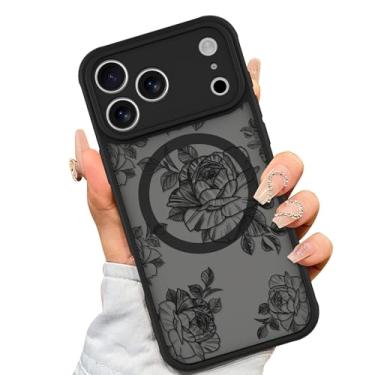 Imagem de AIGOMARA Capa feita para iPhone 17 Pro Max [compatível com MagSafe] Design com estampa floral de flor preta para mulheres e meninas, amortecedor de TPU macio, parte traseira rígida de policarbonato