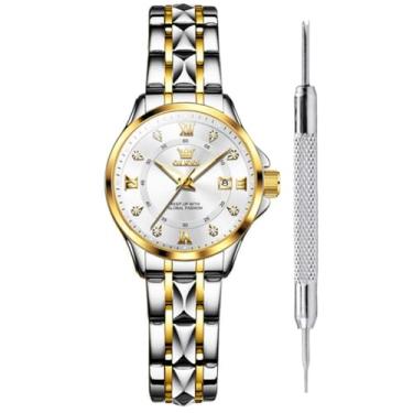 Imagem de OLEVS Relógios clássicos femininos analógicos de quartzo, aço inoxidável, robustos, à prova d'água, numerais romanos, calendário, data, negócios, relógio de pulso, Prata - 2906F