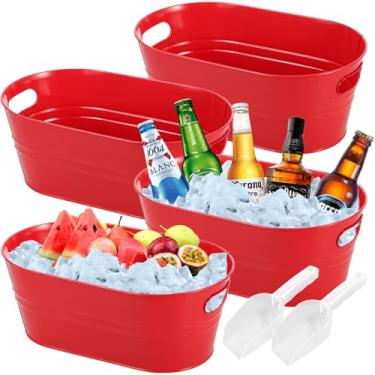 Imagem de Balde de gelo galvanizado vermelho de 4 peças de 3 galões grandes baldes de metal para festas, banheira de bebida de cerveja com colheres para coquetéis de champanhe, resfriamento de vinho para