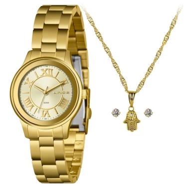 Imagem de Kit Relógio Feminino Lince Dourado LRGH206L34 K08WC3KX