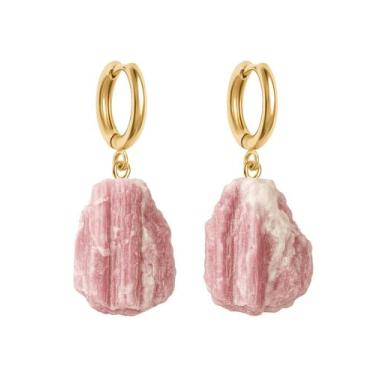 Imagem de Brinco de Argola Turmalina Rosa - Cristal Natural, Banho Ouro 18k